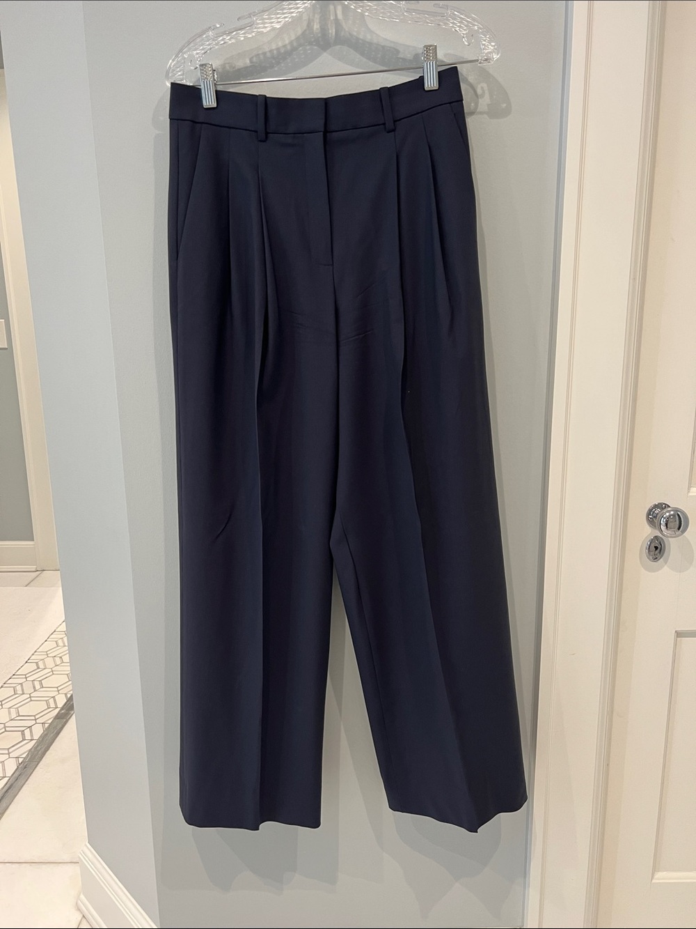 Theory Navy Wide-Leg Pleated Trousers